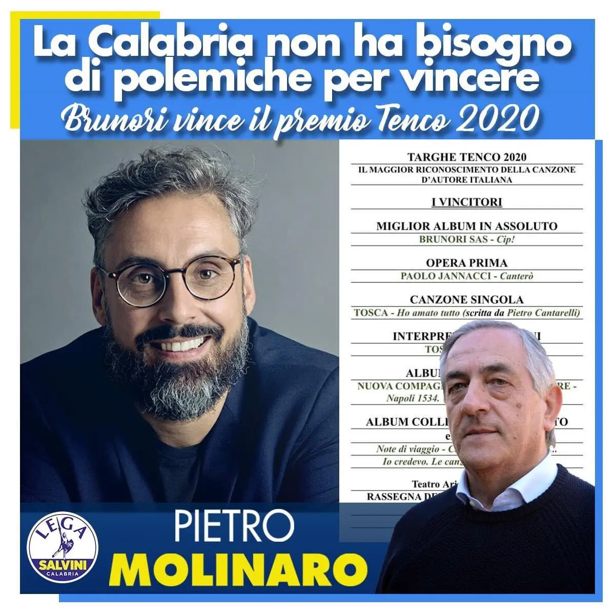 Molinaro fa pubblicità alla Lega usando l'immagine di Brunori. Scoppia la polemica