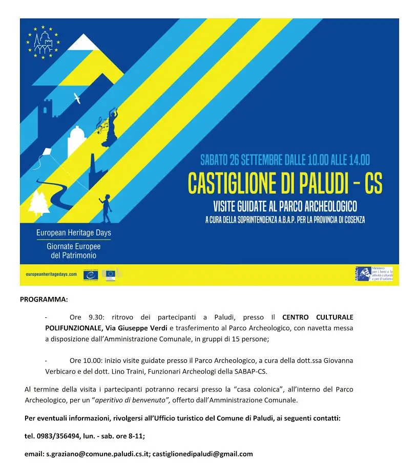 Giornate Europee del Patrimonio 2020, visite guidate al Parco Archeologico di Castiglione di Paludi