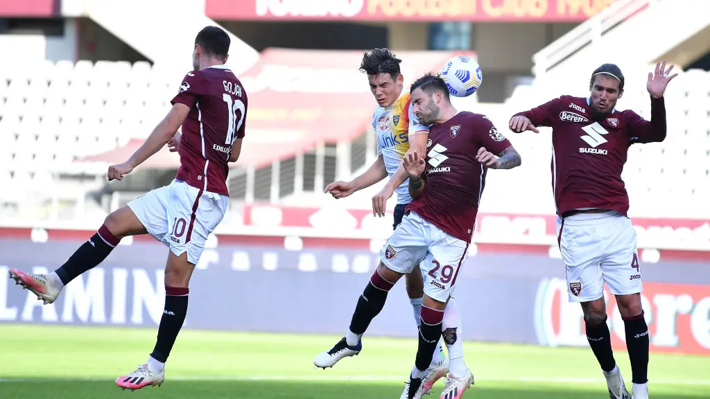 TURIN, ITALY - OCTOBER 28: Nicola Murru (R) of Torino FC clashes with Mariusz Stepinski of US Lecce during the Coppa Italia match between Torino FC and US Lecce at Stadio Olimpico Grande Torino on October 28, 2020 in Turin, Italy. (Photo by Valerio Pennicino/Getty Images) , Getty Images