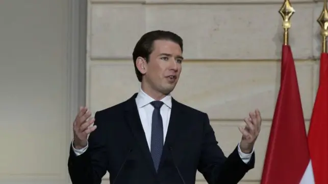 Austrian Chancellor Sebastian Kurz delivers his speech during a conference with French President Emmanuel Macron and a videoconference with Dutch Prime Minister Mark Rutte, German Chancellor Angela Merkel, European Council President Charles Michel and European Commission President Ursula von der Leyen at the Elysee Palace, in Paris, Tuesday, Nov. 10, 2020. The leaders of France, Germany, Austria and the EU are meeting Tuesday to discuss Europe\\'s response to terrorism threats after a string of attacks. Macron and Kurz are meeting in person after both of their countries have lost lives to Islamic extremist attackers in recent weeks. (AP Photo/Michel Euler, Pool)