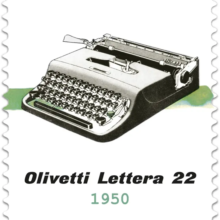 Due francobolli dedicati ad Adriano Olivetti e alla macchina per scrivere \"Lettera 22\"