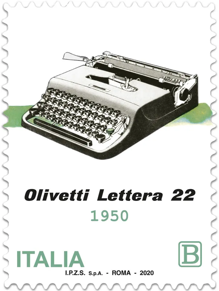 Due francobolli dedicati ad Adriano Olivetti e alla macchina per scrivere \"Lettera 22\"