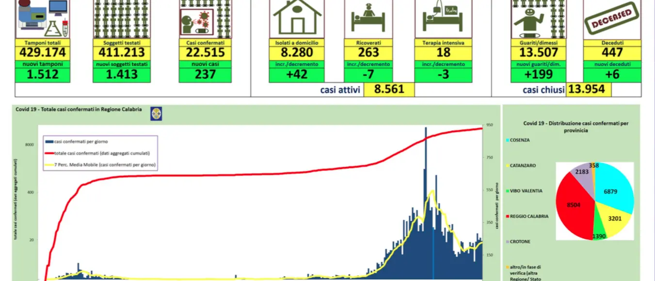 Pochi tamponi e 237 nuovi casi. Positività in Calabria al 15,6%