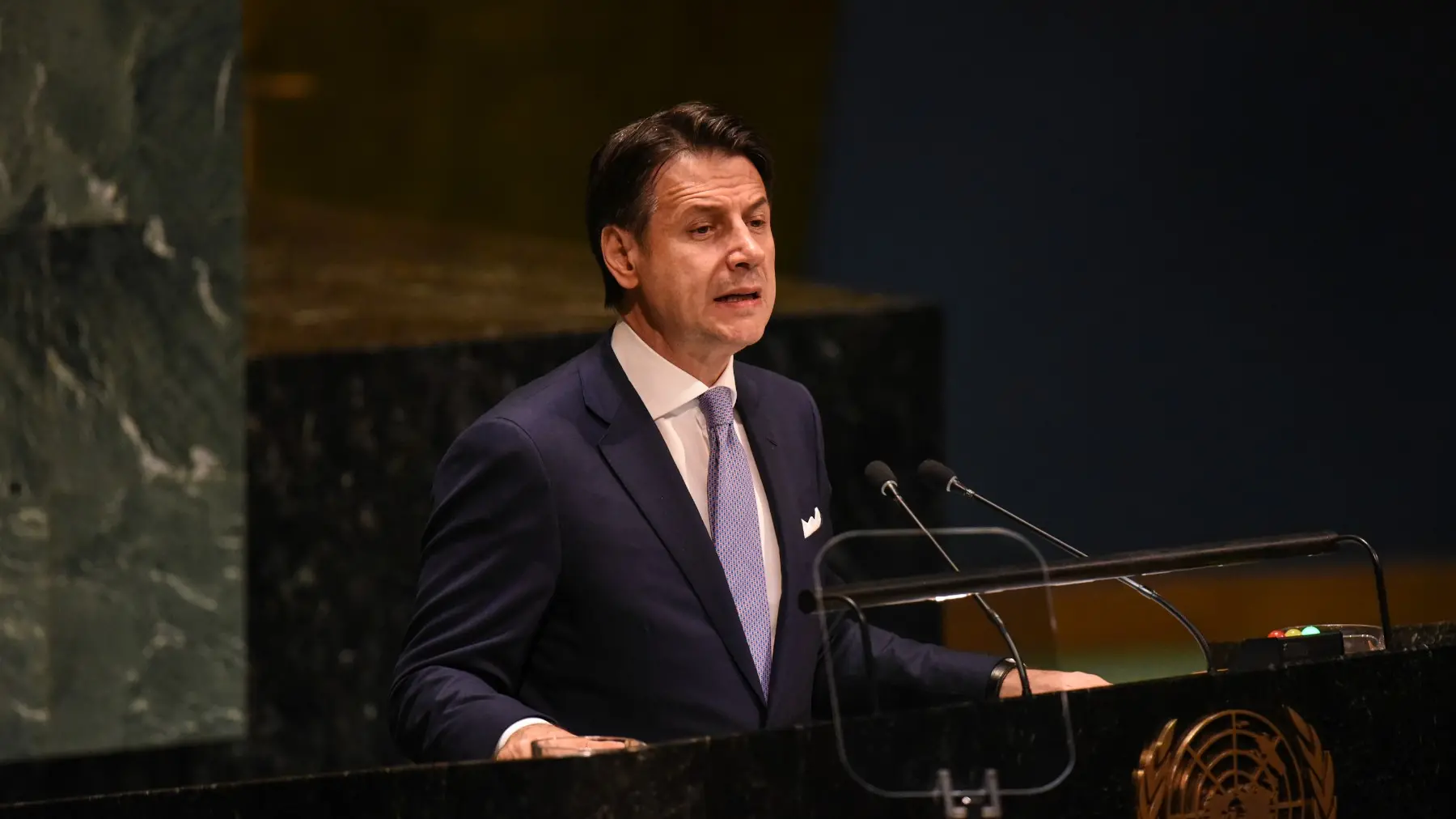 NEW YORK, NY - SEPTEMBER 24 : President of Italy Giuseppe Conte speaks at the United Nations General Assembly at the United Nations on September 24, 2019 in New York City. The United Nations General Assembly, or UNGA, is expected to attract over 90 heads of state in New York City for a week of speeches, talks and high-level diplomacy concerning global issues (Photo by Stephanie Keith/Getty Images)