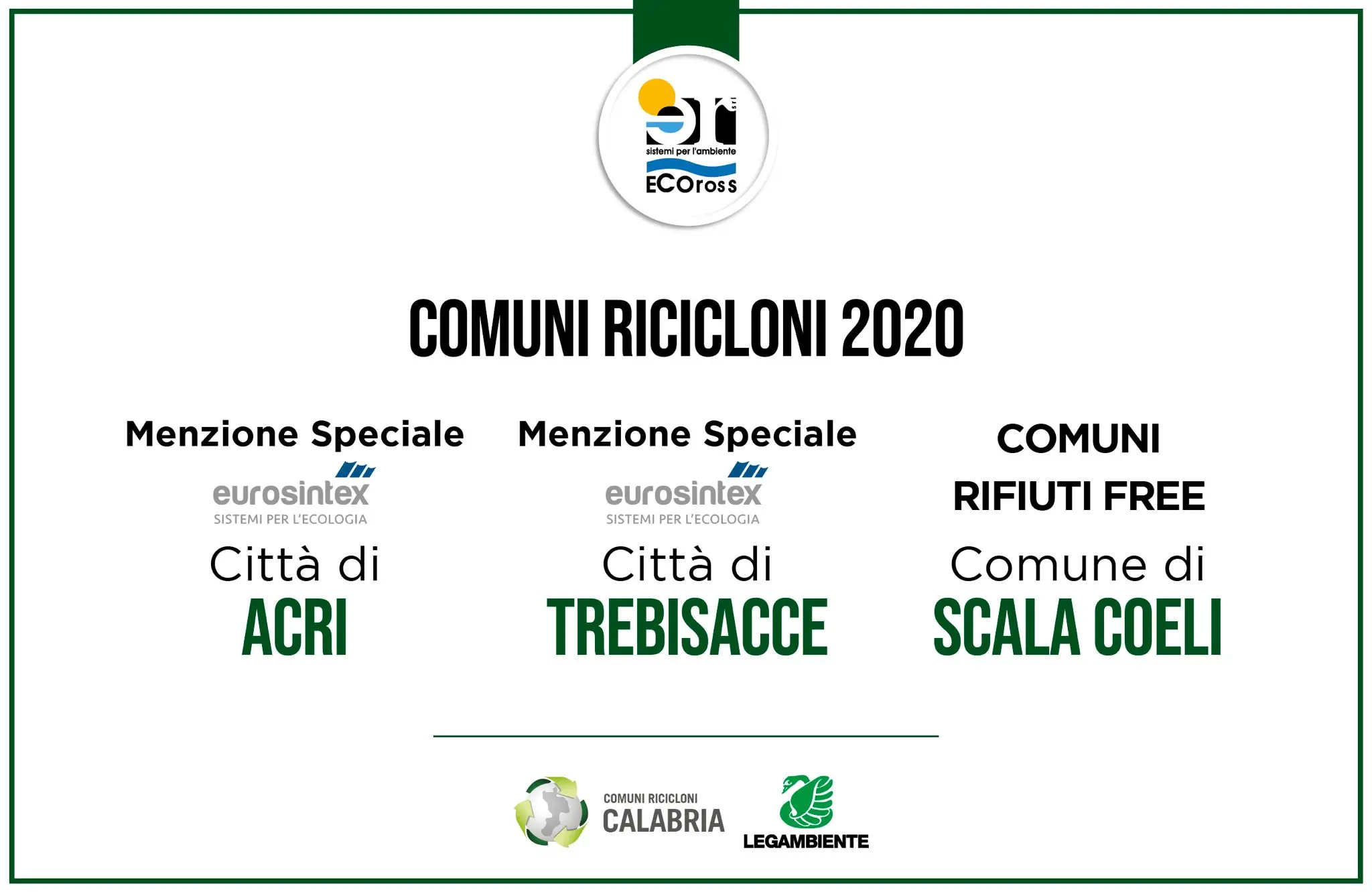 Comuni ricicloni, menzione speciale per Acri e Trebisacce. Scala Coeli è rifiuti-free