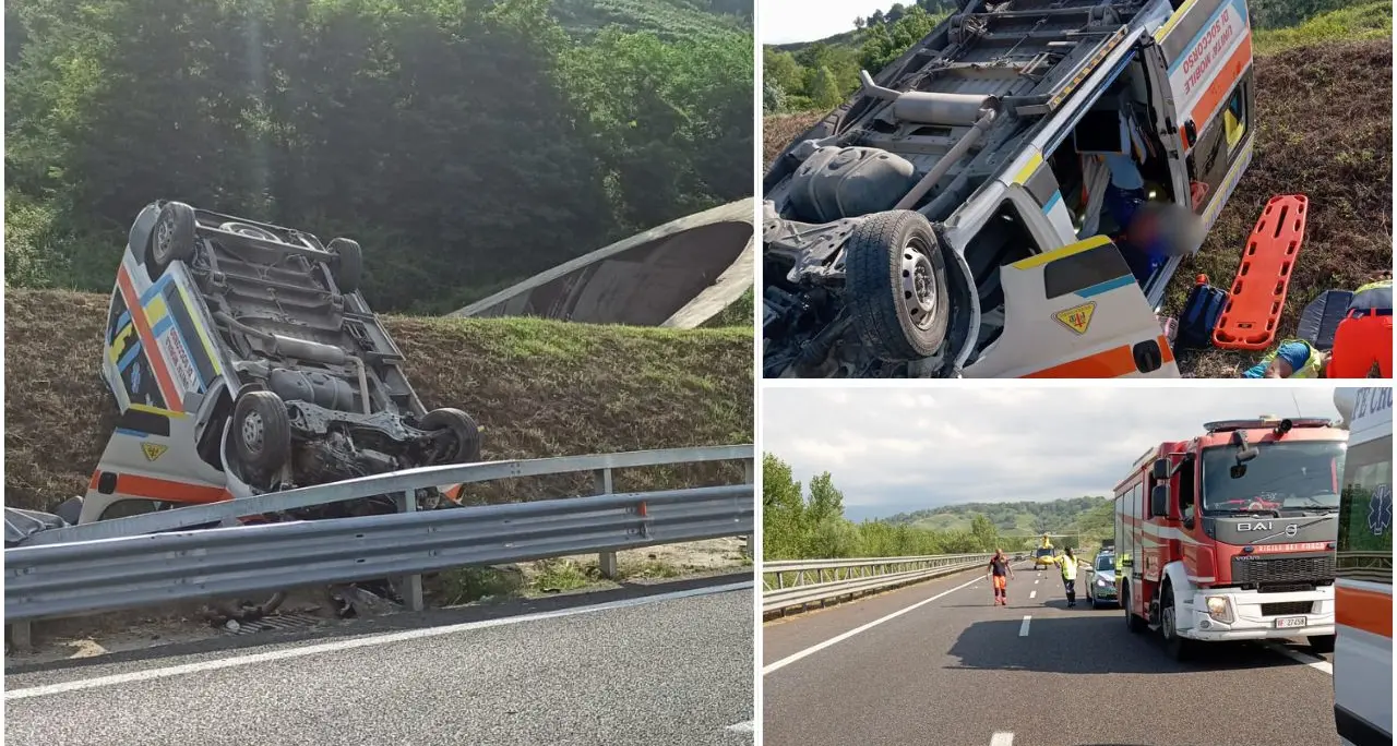Incidente sull’A2, un’ambulanza si ribalta con dentro un paziente: tre feriti, uno è grave\n