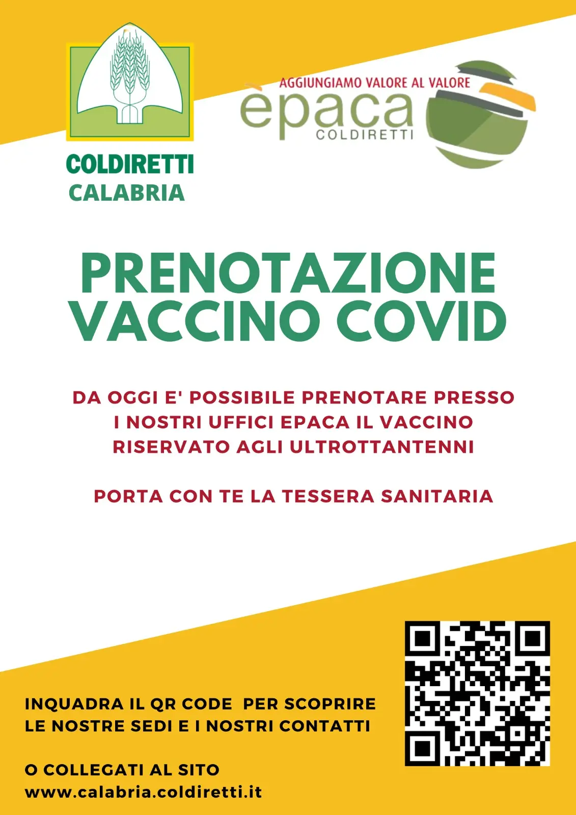Coldiretti Calabria: servizio prenotazione vaccinazioni agli ultraottantenni