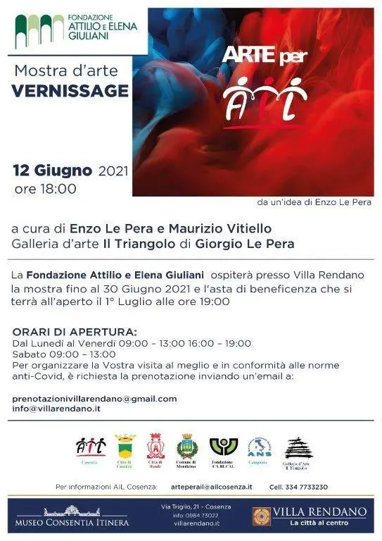 Cosenza, sabato 12 giugno mostra d'arte a Villa Rendano