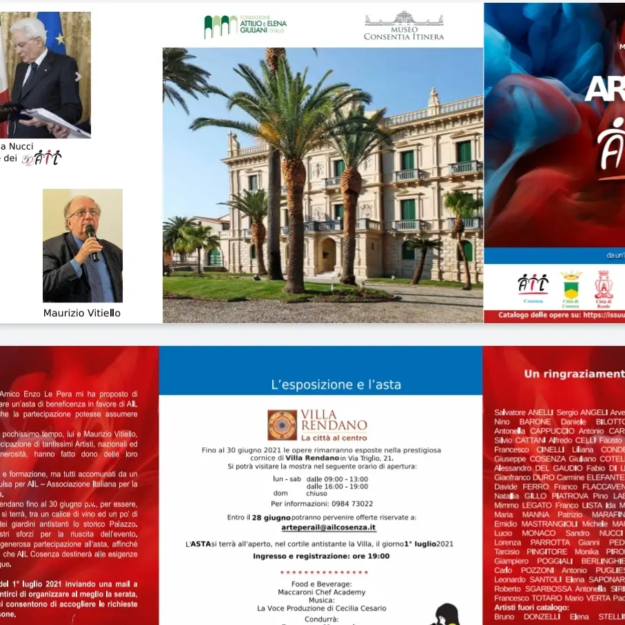 Arte per Ail: a Villa Rendano tutto pronto per il 1° luglio