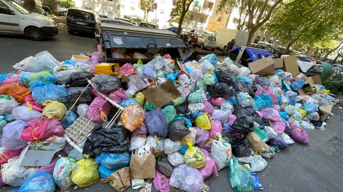 Emergenza rifiuti e cassonetti in via Marco Fulvio Nobiliore a Roma, 1 luglio 2021. ANSA/CLAUDIO PERI , ANSA