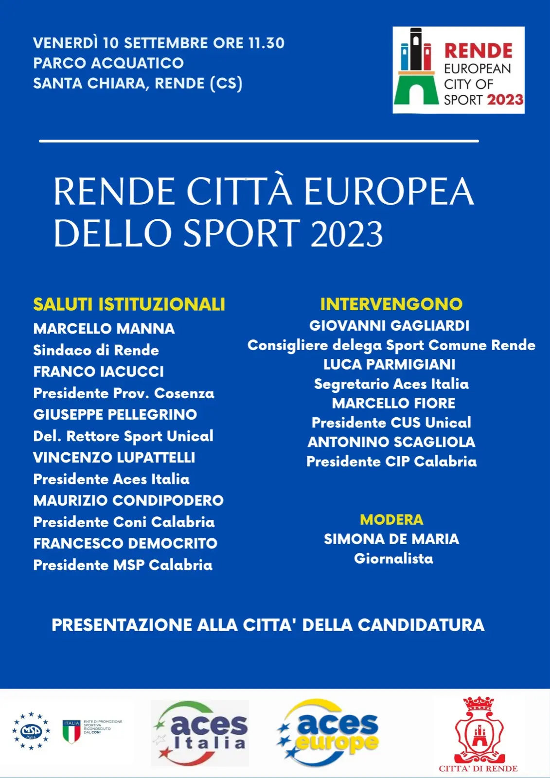 Rende Città Europea dello Sport 2023: venerdì i dettagli sulla candidatura