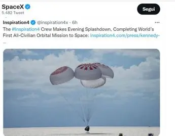 SpaceX, rientrati sulla Terra i primi 4 turisti spaziali