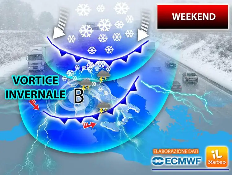 Maltempo diffuso con piogge, rovesci e neve sui rilievi. Temperature in calo