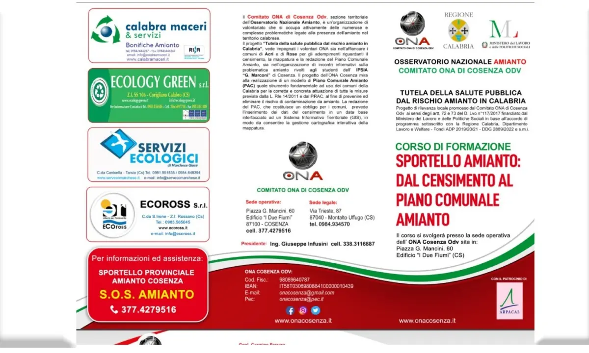 Sportello amianto, al via il corso di formazione dell'Ona Cosenza