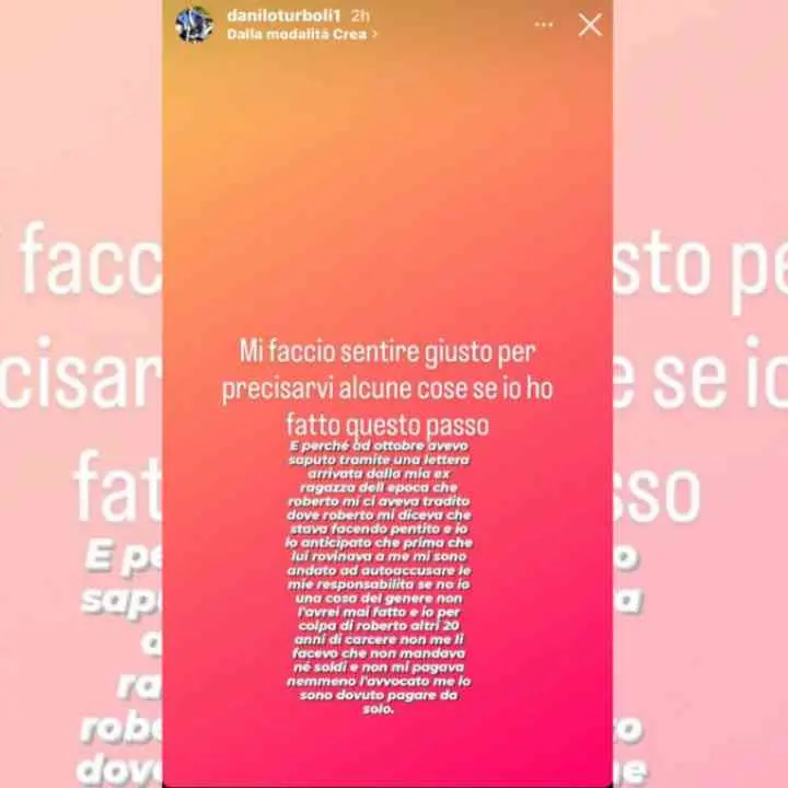 Il post su Instagram di Danilo Turboli: «Già sapevo del pentimento di Porcaro»
