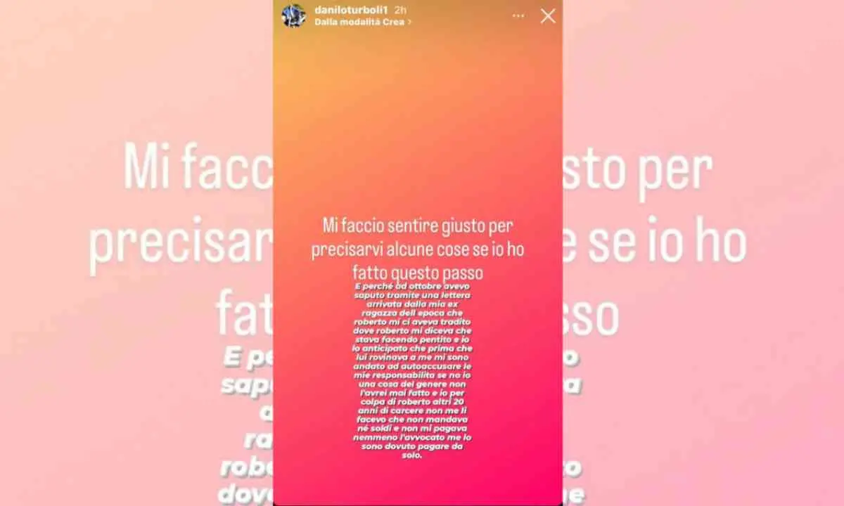 Il post su Instagram di Danilo Turboli: «Già sapevo del pentimento di Porcaro»