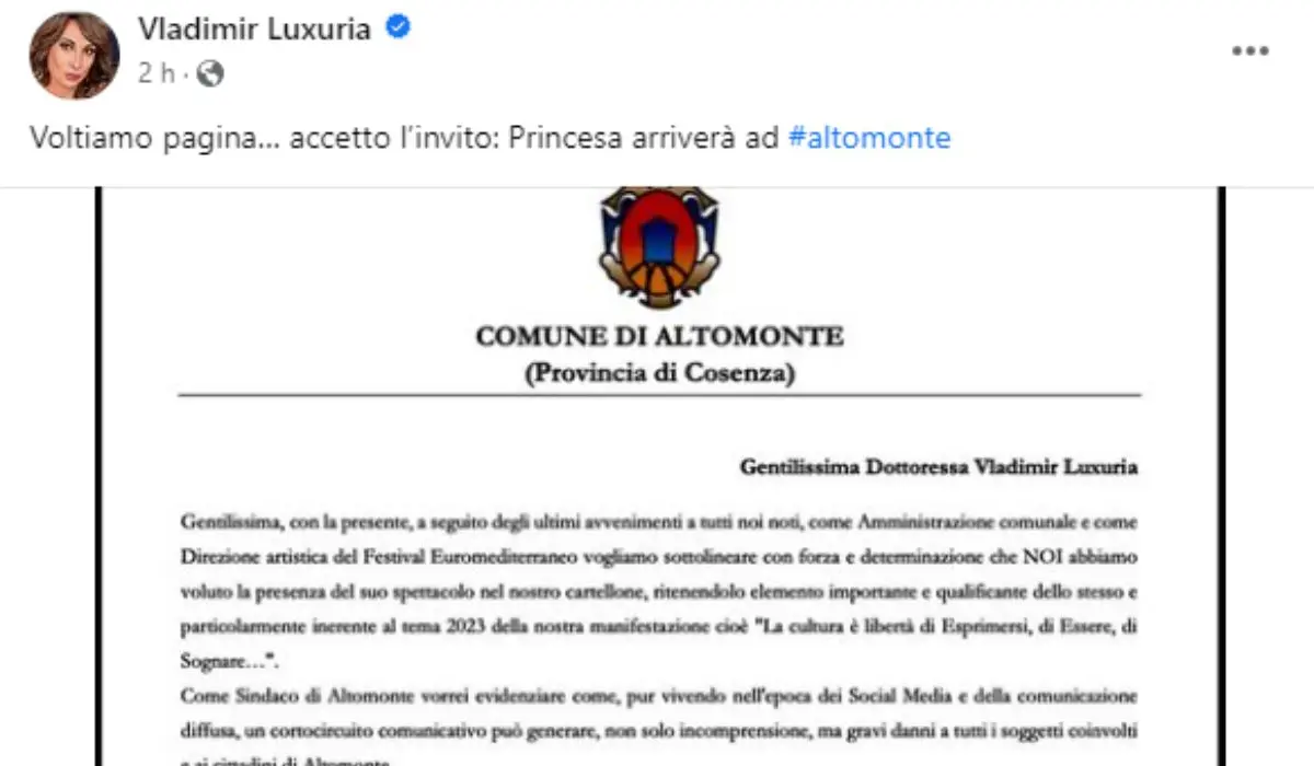 Pace fatta tra Altomonte e Luxuria: l'ex deputata si esibirà nel borgo cosentino