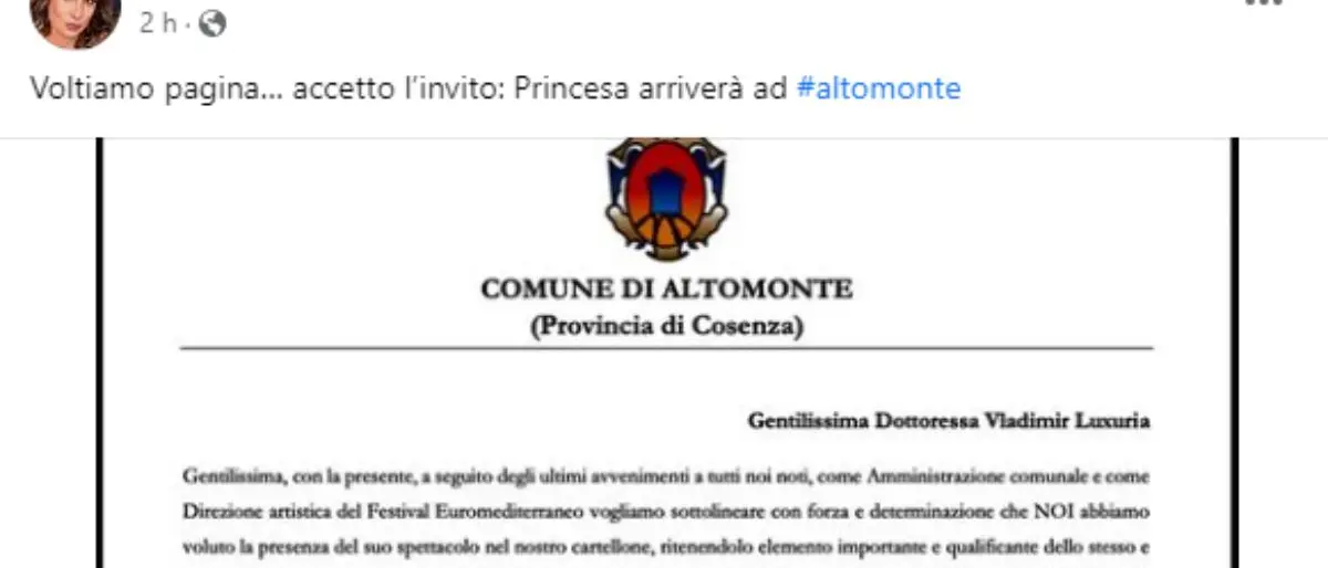 Pace fatta tra Altomonte e Luxuria: l'ex deputata si esibirà nel borgo cosentino