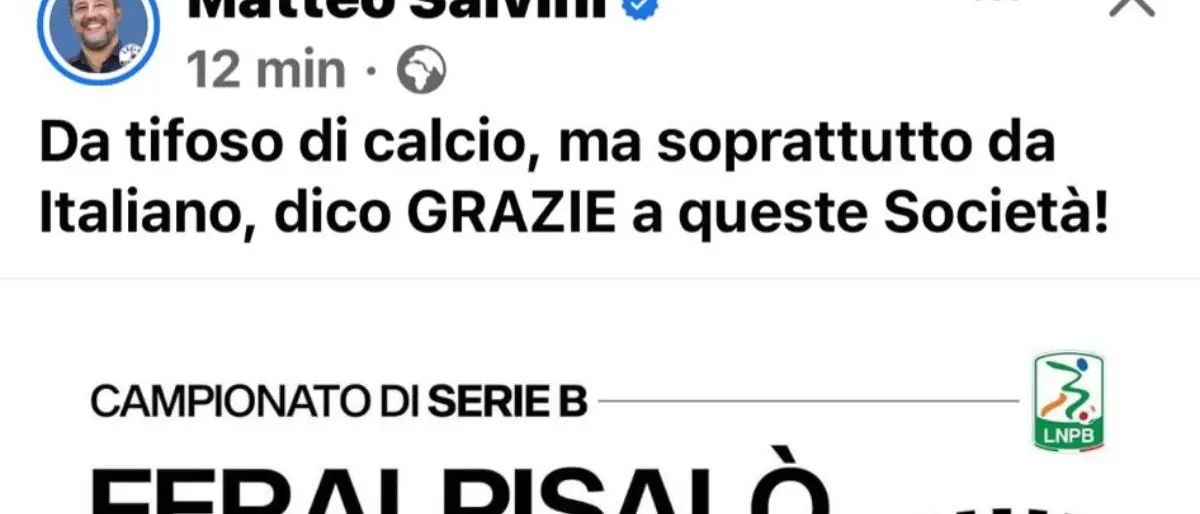 Salvini plaude al Cosenza: «Undici italiani in campo contro l'Ascoli, complimenti»