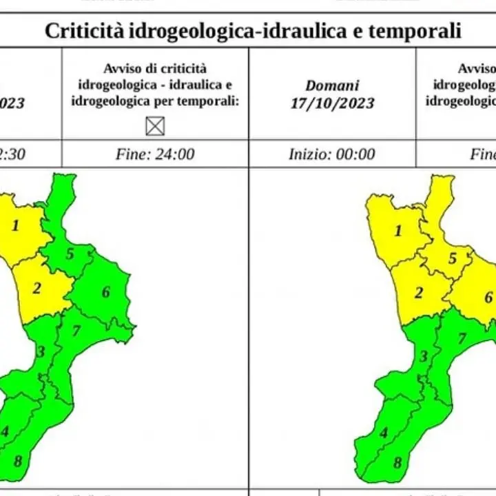 Maltempo in provincia di Cosenza, scatta l'allerta gialla