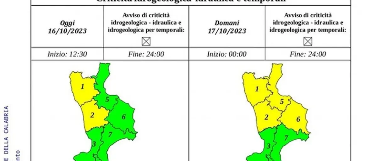 Maltempo in provincia di Cosenza, scatta l'allerta gialla