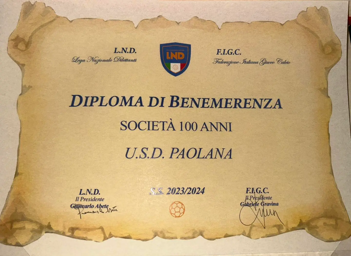 Benemerenze della Figc: la Paolana premiata a Roma per il secolo di vita