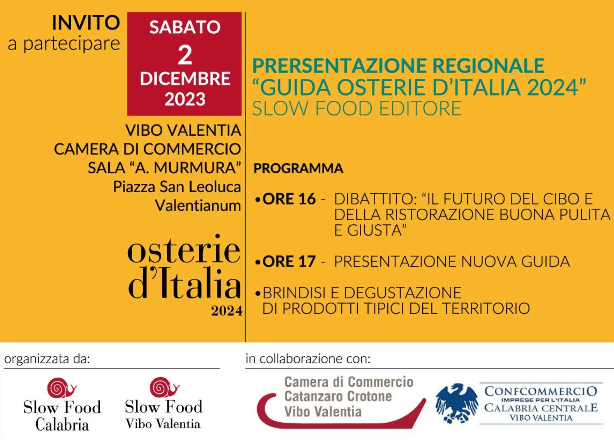 Sloow Food Calabria presenta a Vibo la guida Osterie d'Italia 2024