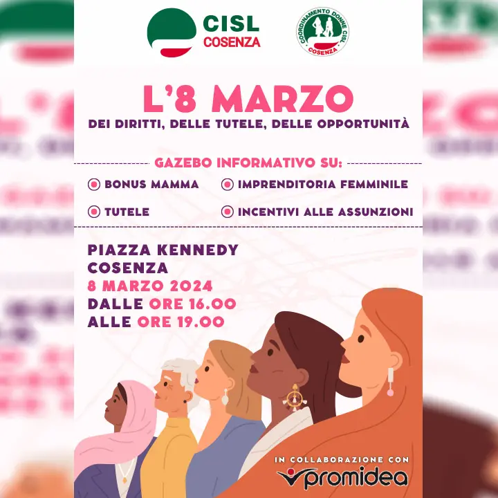 Cosenza, l'8 marzo un gazebo informativo su bonus mamme e incentivi alle assunzioni