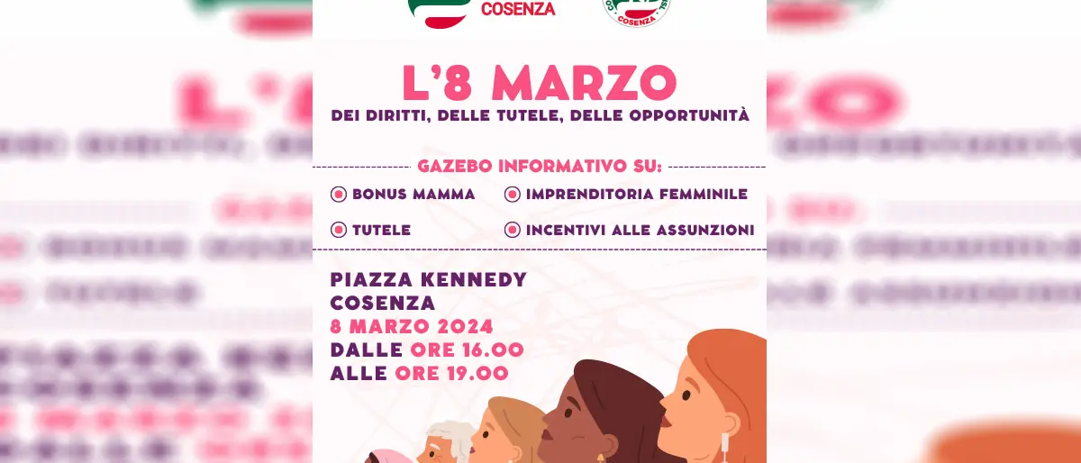 Cosenza, l'8 marzo un gazebo informativo su bonus mamme e incentivi alle assunzioni