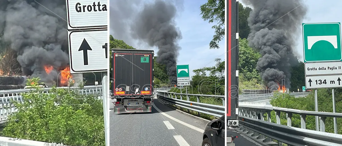 Camion in fiamme vicino Rogliano, A2 Autostrada del Mediterraneo bloccata in direzione Sud