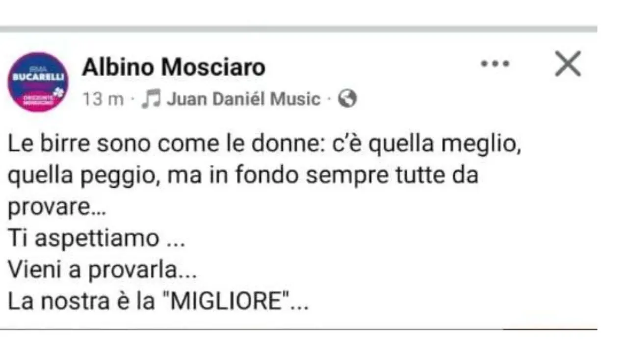 Mendicino, bufera su un assessore per un post sessista su donne e birra