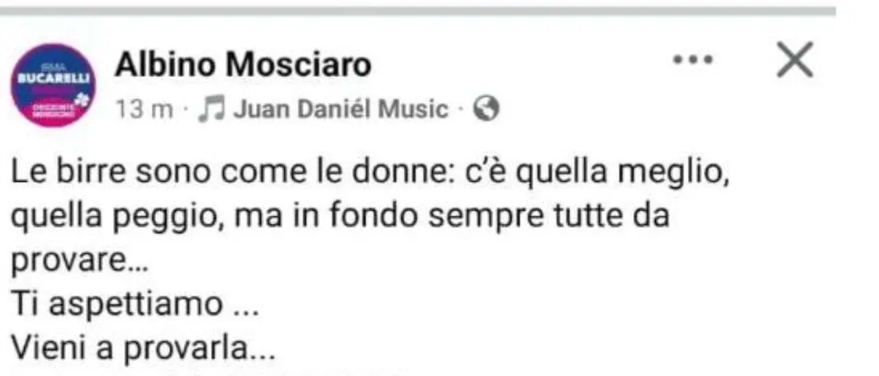Mendicino, bufera su un assessore per un post sessista su donne e birra