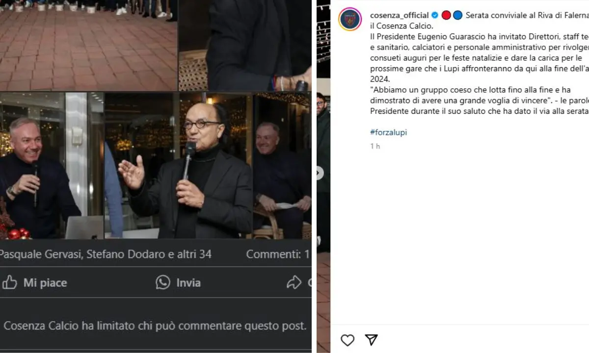 Cosenza Calcio, la società chiude i commenti sui post della Festa di Natale