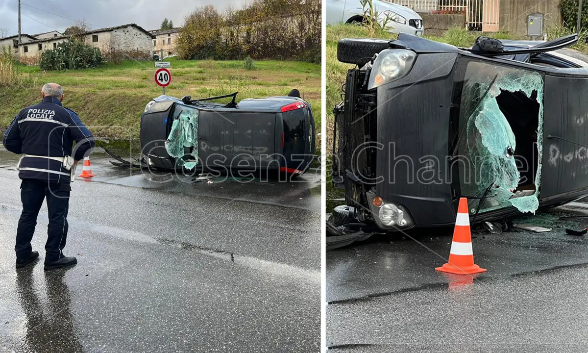 Rende, brutto incidente a Sant'Agostino. Un ferito, auto ribaltata
