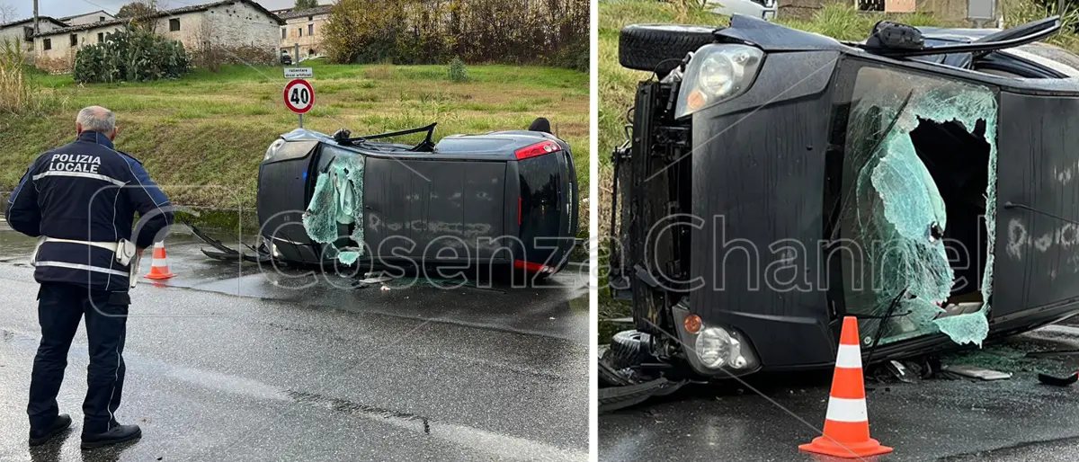 Rende, brutto incidente a Sant'Agostino. Un ferito, auto ribaltata