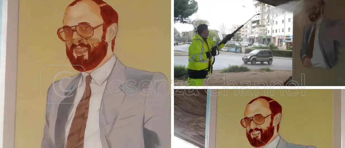 Vandali imbrattano il murales di Sergio Cosmai: il sindaco Franz Caruso: «Atto barbaro»