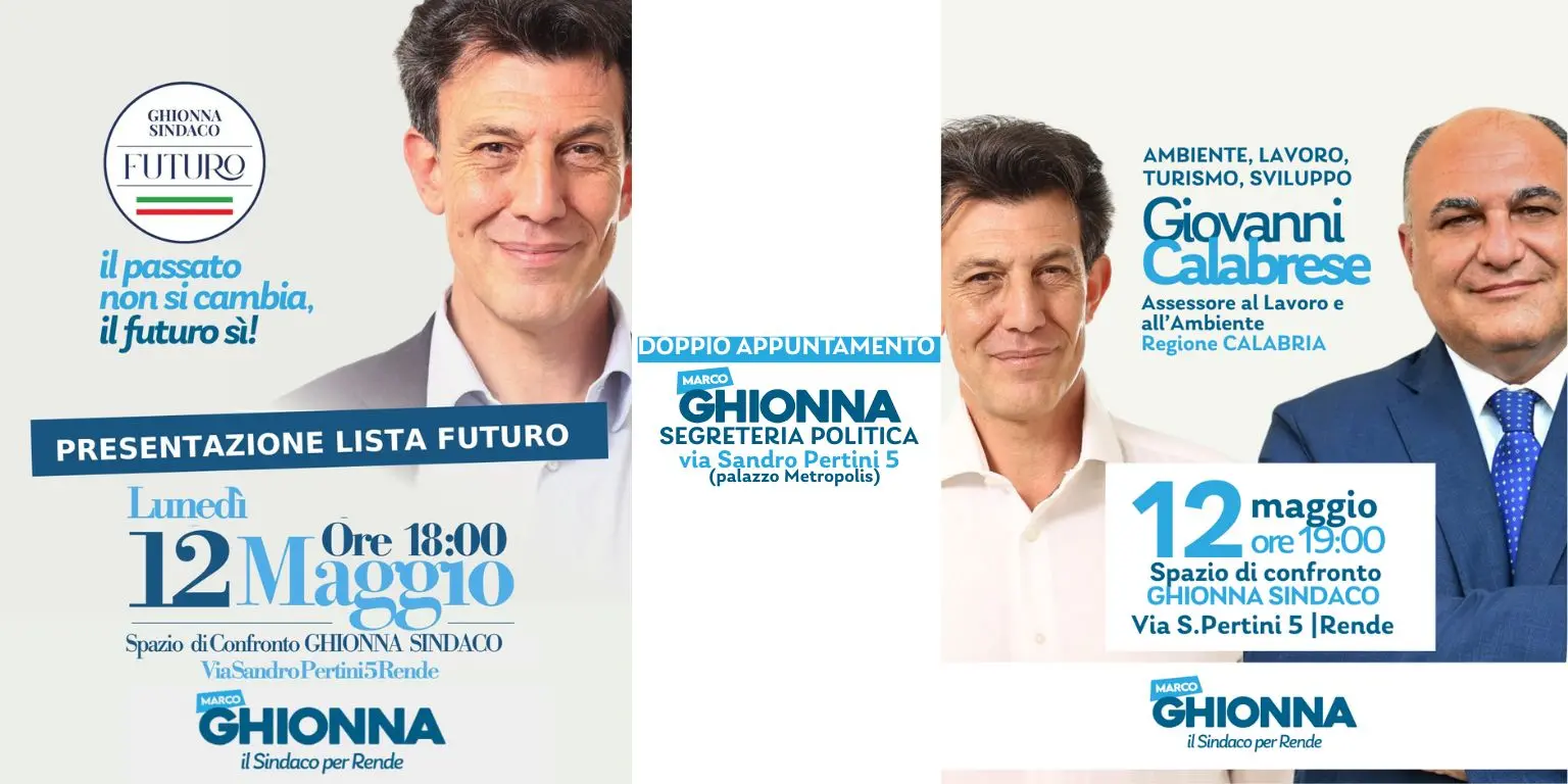 Rende, doppio appuntamento a sostegno di Ghionna sindaco: dibattito con Giovani Calabrese