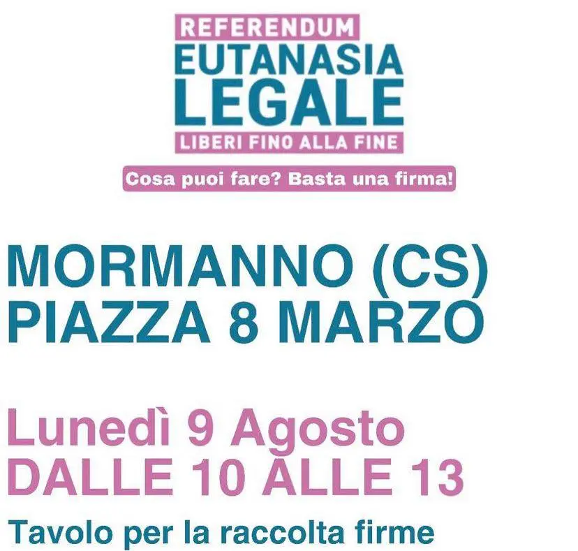 Mormanno, Eutanasia legale: in piazza 8 marzo tavola per la raccolta firme