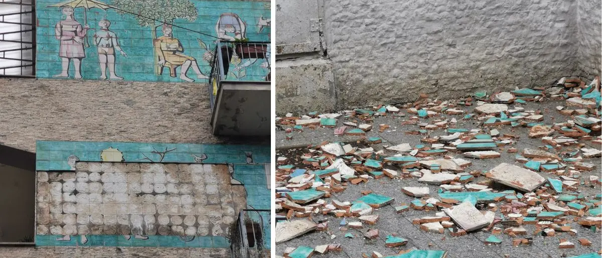Cosenza, crolla un mosaico dalla facciata di un palazzo in via Roma