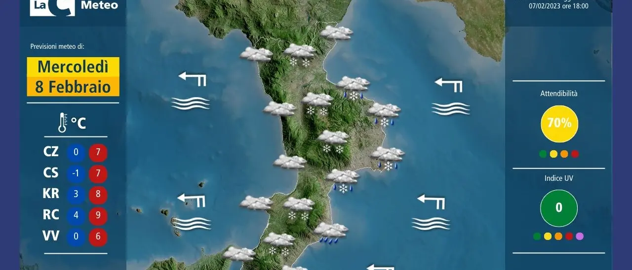 Neve fino a 200 metri in Calabria: le previsioni per l'8 e 9 febbraio