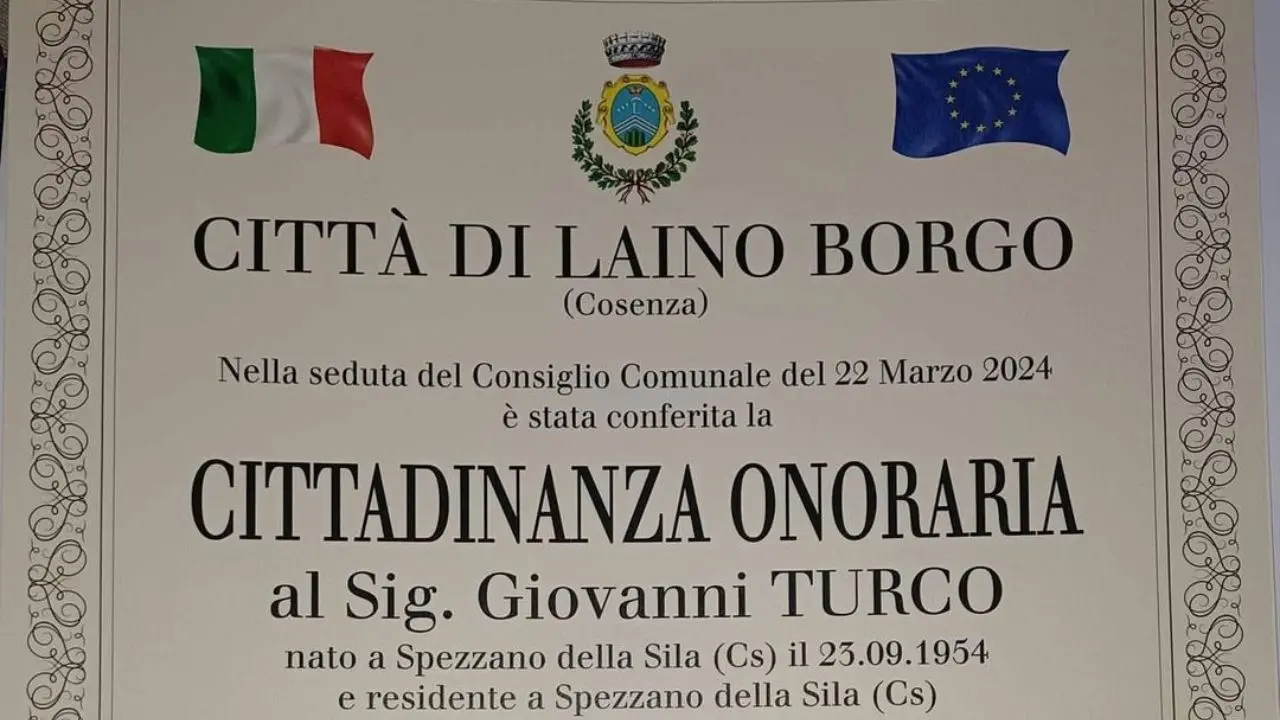 L'attore Giovanni Turco nominato cittadino onorario di Laino Borgo