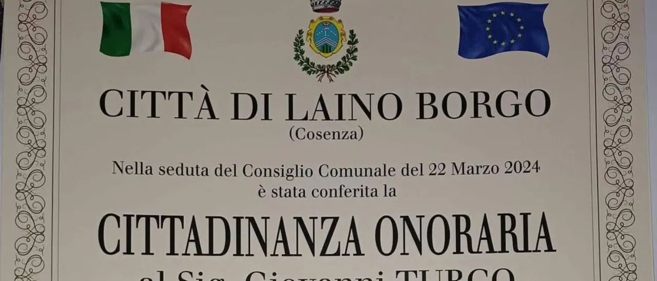 L'attore Giovanni Turco nominato cittadino onorario di Laino Borgo