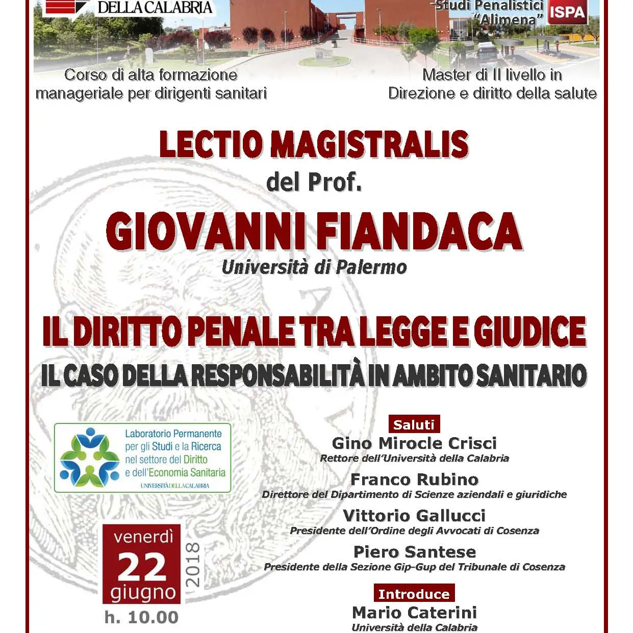 All'Università della Calabria lectio magistralis del professor Fiandaca