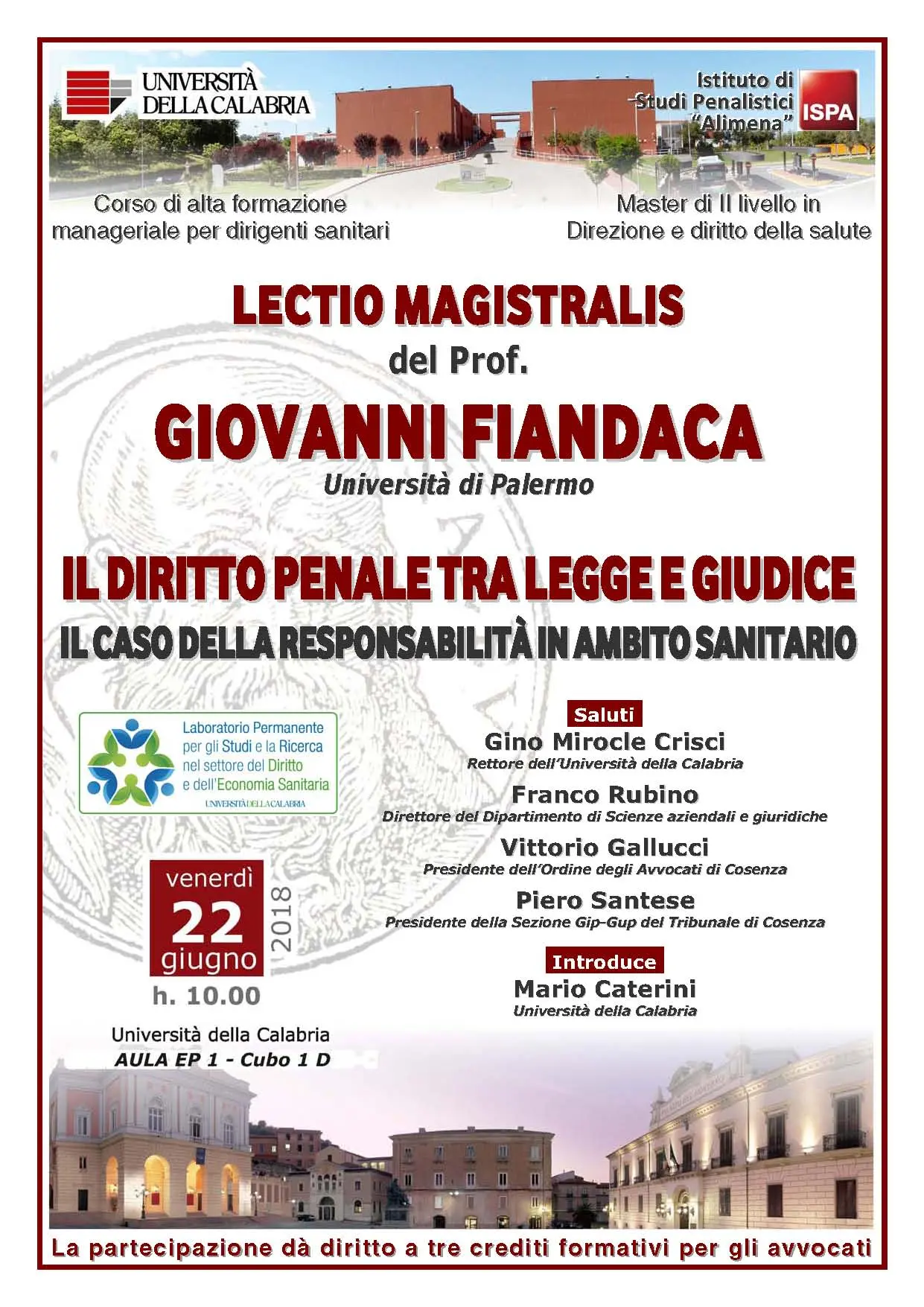 All'Università della Calabria lectio magistralis del professor Fiandaca