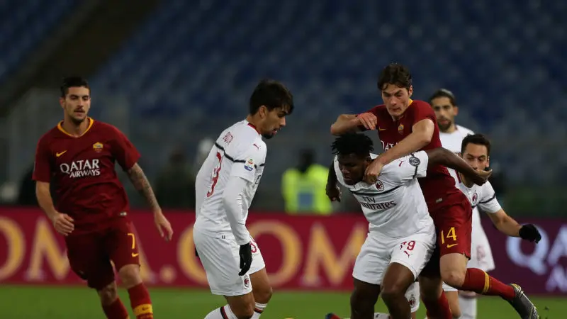 ROME, ITALY - FEBRUARY 03: Patrick Schick of AS Roma competes for the ball with Franck Kessie and Lucas Paqueta of AC Milan during the Serie A match between AS Roma and AC Milan at Stadio Olimpico on February 3, 2019 in Rome, Italy. (Photo by Paolo Bruno/Getty Images) , Getty Images