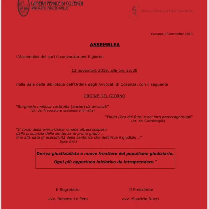 Prescrizione, domani assemblea della Camera Penale di Cosenza