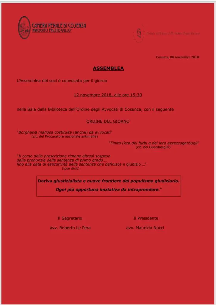 Prescrizione, domani assemblea della Camera Penale di Cosenza