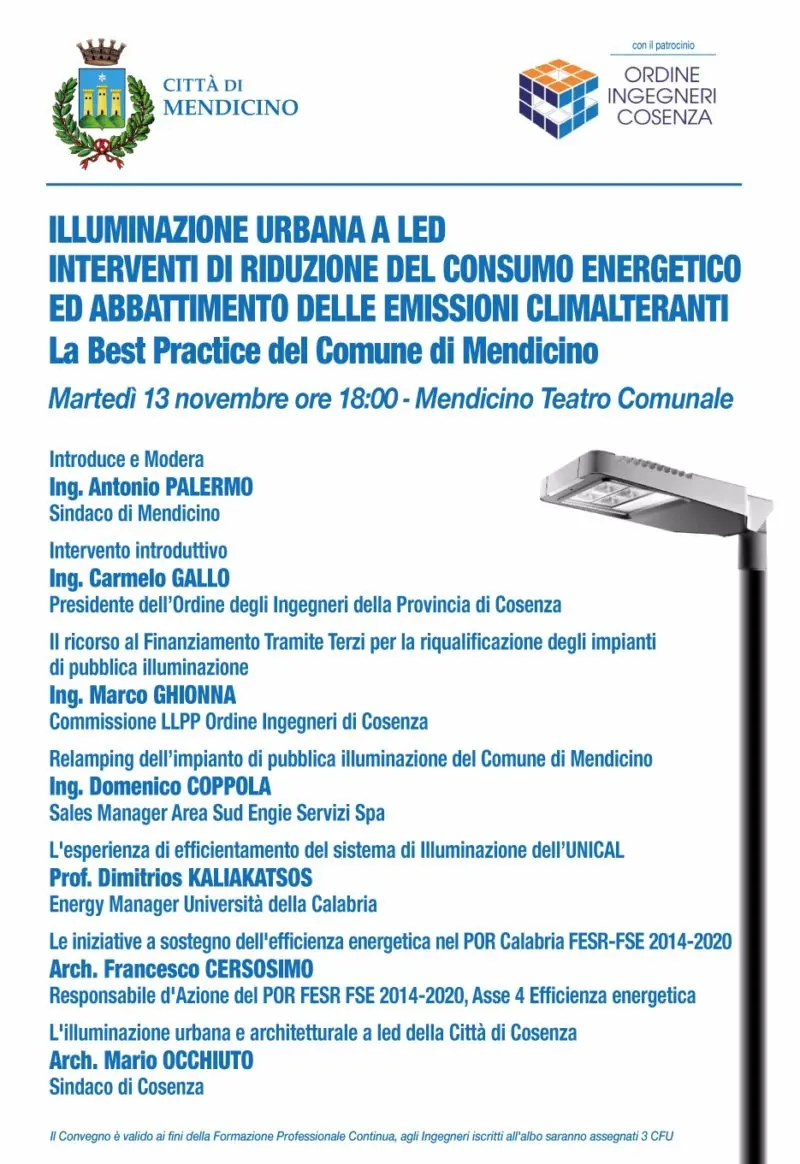 Mendicino, martedì un convegno sull'illuminazione a Led