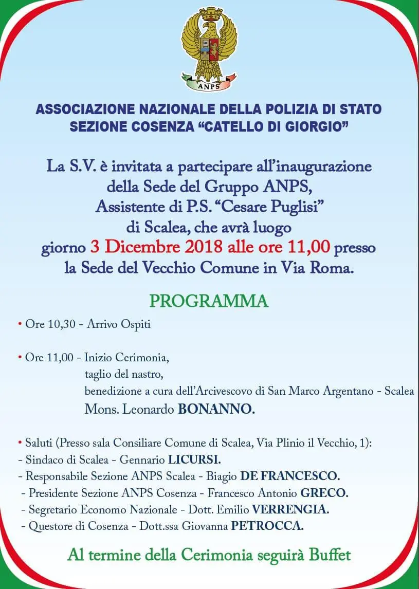 Inaugurazione sede ANPS a Scalea: ecco tutto il programma