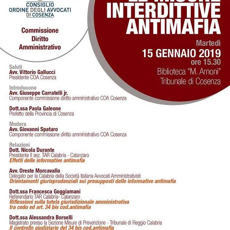 Interdittive antimafia, convegno a Cosenza tra avvocati e magistrati